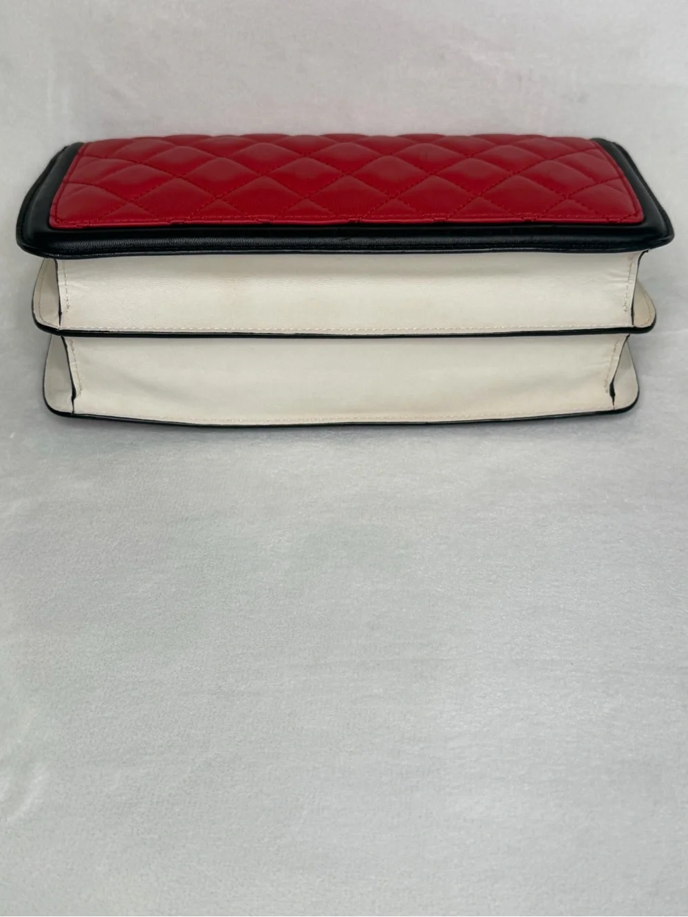 CHANEL Red, Black, and White Quilted Lambskin Single Flap Bag with Chain Strap